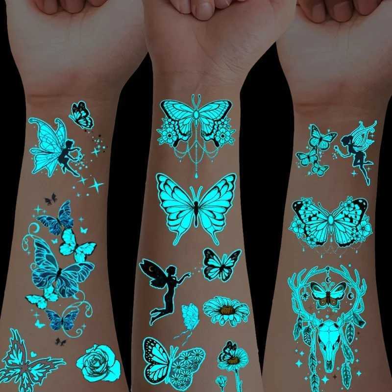 12 Butterfly Luminous Temporary Tattoos Blue Luminous Tattoo Stickers Female Hand Face Tattoos Music Party Decoration W250410