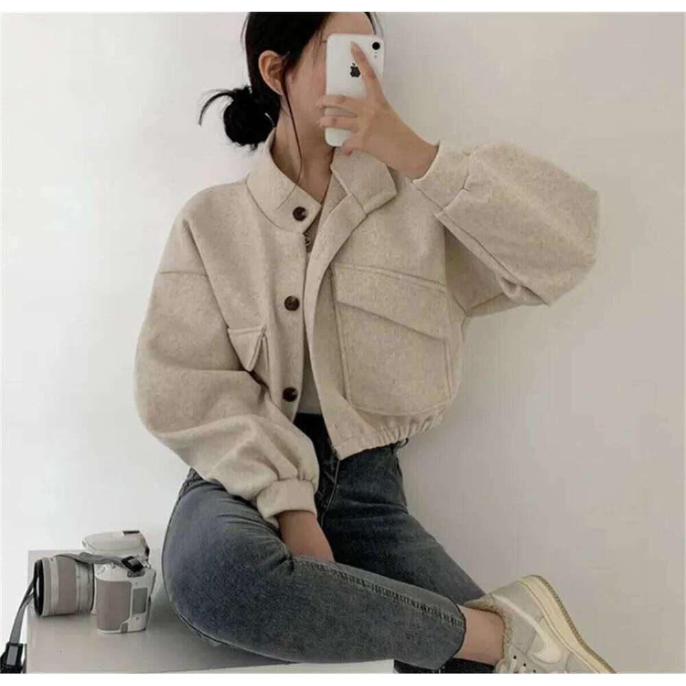 Korean Fashion Autumn Winter Coat Women New In Stand Neck Solid Button Loose Jacket Lady Casual Street Outwear Vintage Clothes