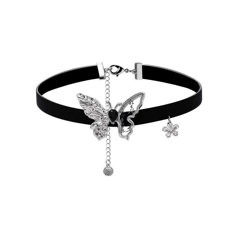Calligraphy Butterfly for Women, New Chinese Style, Elegant and High-end Feel, Black Leather Choker, Punk Trendy Wholesale Necklace