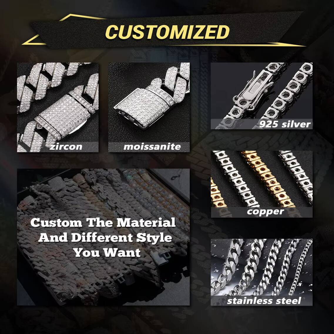 Pass Diamond Test Hip Hop Jewelry Vvs Stone Shiny 2row 3row 4row Men 925 Sterling Silver Necklace Moissanite Cuban Link Chain