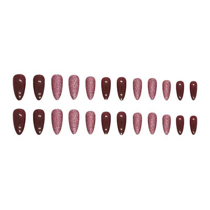 24 pieces of cherry red glitter pressed on nails pink gradient fake nails smooth artificial fingers reusable female fake nails W250410