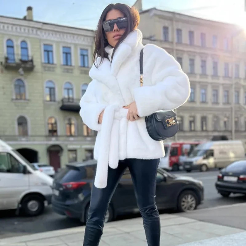 Women Winter Faux Fur Coat Thick Warm Middle Long Overcoat Turn Down Collar Plush Female Casaco Feminino 251110