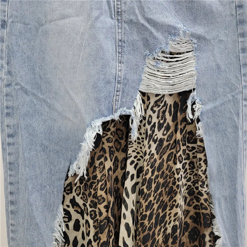Womens denim skirt patch work leopard print irregular Aline high waisted long autumn fashion 250410