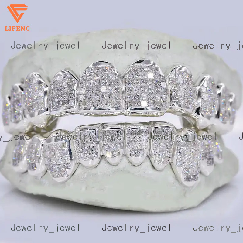 Custom Princess Baguette Cut Invisible Setting Pass Diamond Tester VVS Moissanite White Gold 925 Silver Grillz for Teeth Jewelry