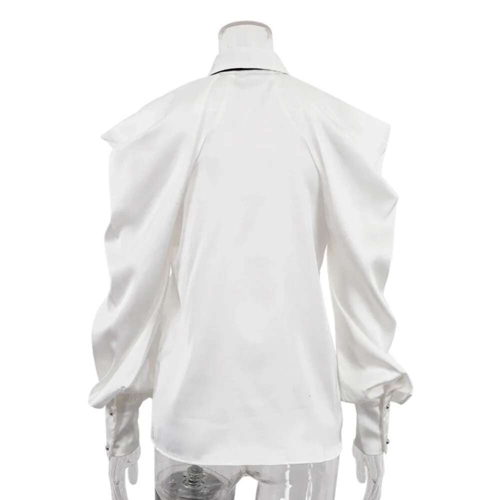 TWOTWINSTYLE Solid Loose Spliced Hollow Out Blouse For Women Lapel Long Sleeve Patchwork Single Breasted Top Female Clothing New