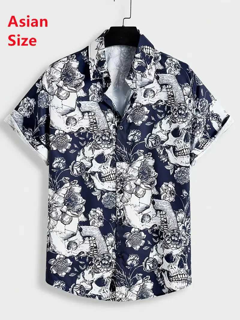 Terror Skull Printed Mens Shirt Summer Hip Hop Style Short Sleeve Collar Mens Street Clothing Hawaii Beach Holiday Shirt X250410