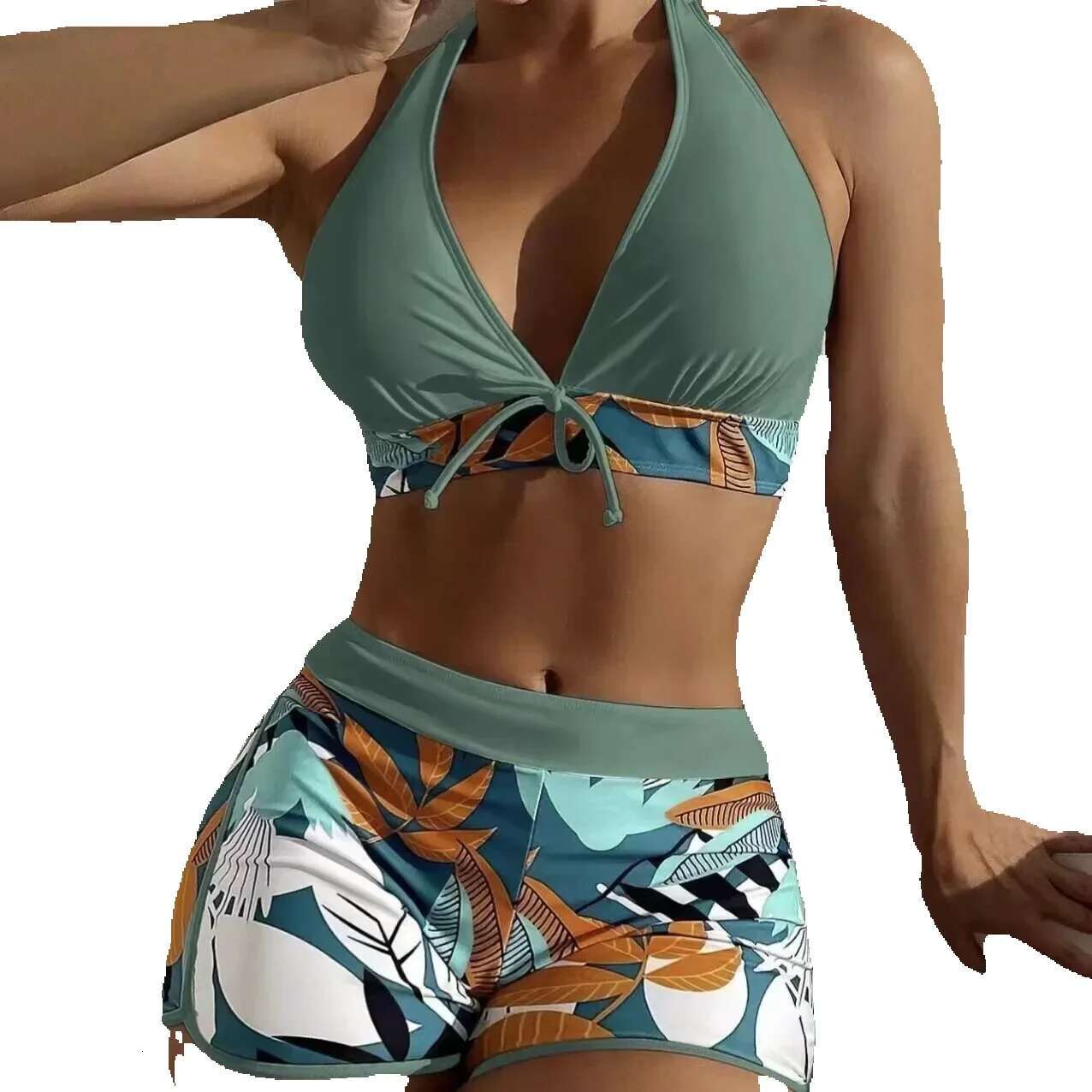 Fashion printed patchwork lace up sports surfing bikini set women's swimsuit