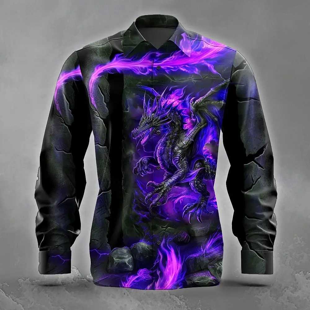 2025 Fashion Mens Animal Dragon Button Up Shirt Vintage Long Sleeve Retro Style Streetwear Turndown 3D Print Collared Shirts K251110