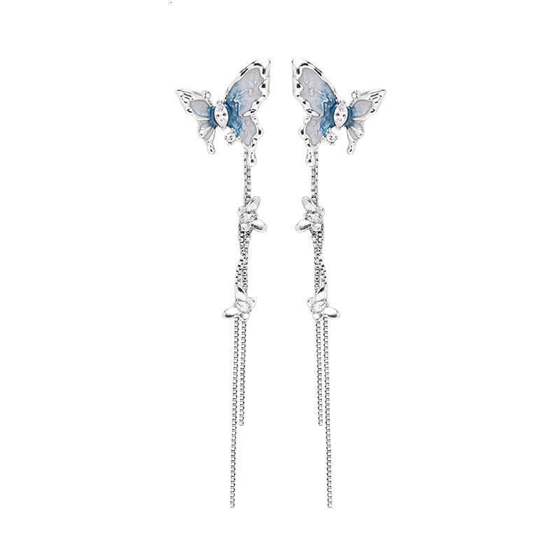 DHcollections Super Fairy Long Blue and White Oil Drop Butterfly Fashion Fresh Ins Style 925 High-end Retro Earrings for Women