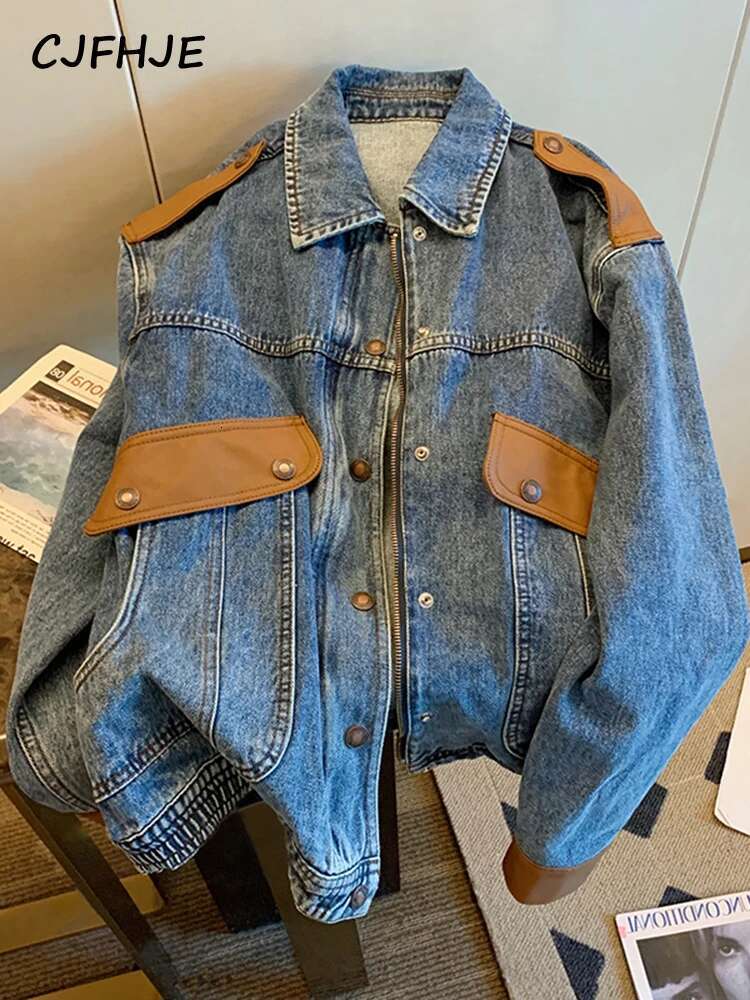 Blue Vintage Patchwork Jacket Women Chicly Fashion Korean Loose Female Jackets Haruku Zipper Casual Denim Coats