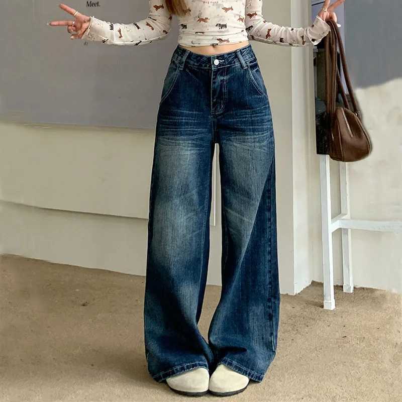 2025 Autumn Womens Y2K Jeans Dongdaemun Navy Back Whisker Jeans Loose Straight Leg Casual Denim Pants 2742 C251110