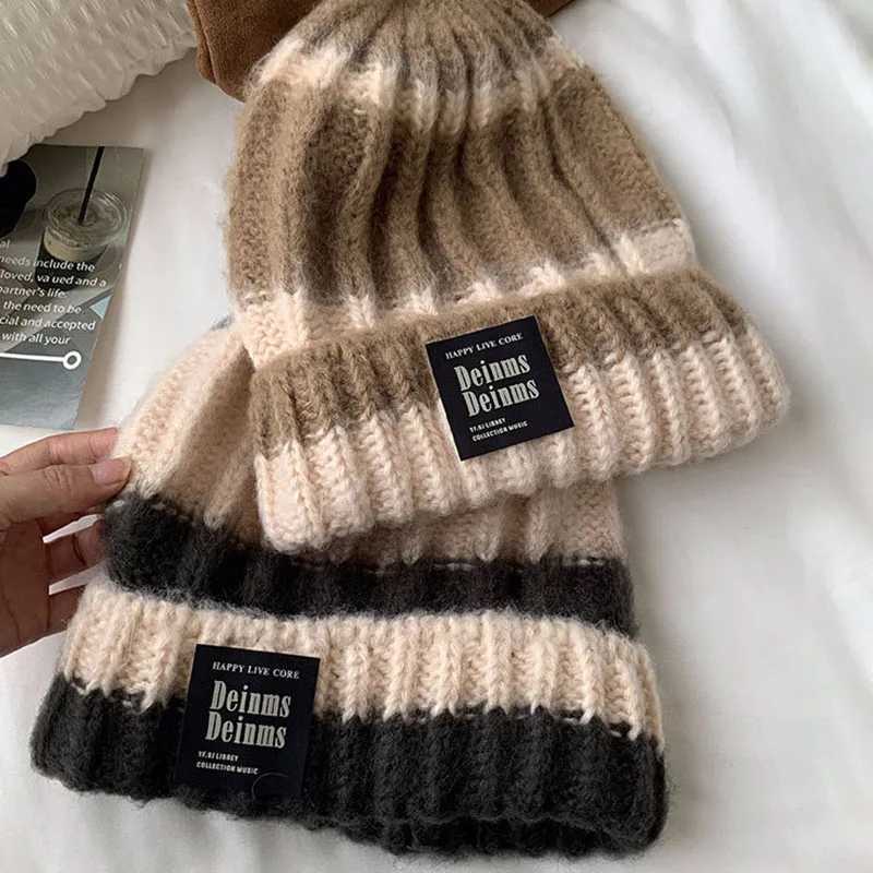 RICYGVM Fashion Stripe Knitted Hat For Women Ear Protection Skullies Cap Unisex Winter Warm Crochet Bonnet Thicken Woolen BeanieXJ251110