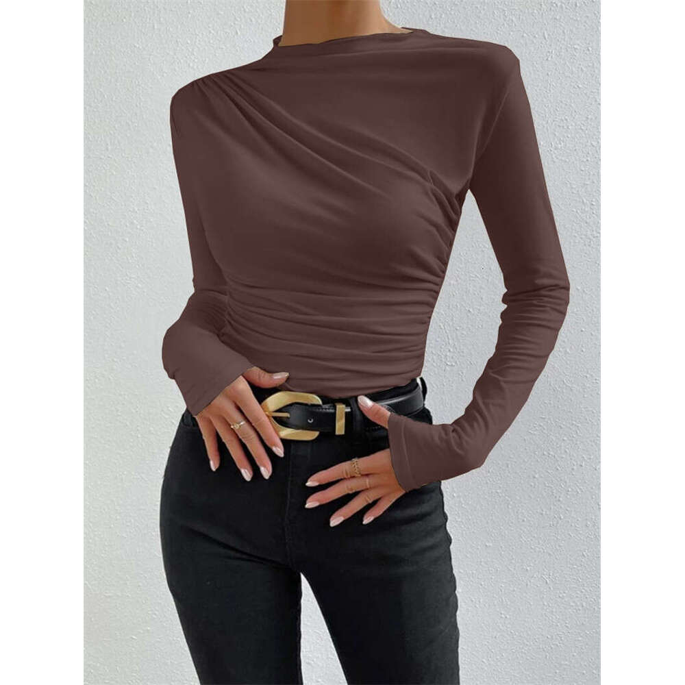 Half High Collar 2024 European and American Solid Color Slim Fit Base Shirt Versatile Ruched Design Long Sleeve T-Shirt Women's Top