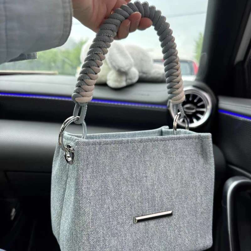 Stylish Spring Denim Top-Handle Fashion Woven Handle Women's Trend Sier Chain Crossbody Bucket Bag Office Commute Handbag