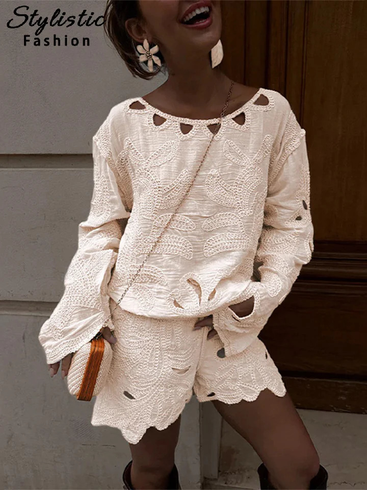Hollow Embroidered Shirt Set for Women Loose Solid Full Sleeve Irregular High Waist Shorts Set for Women Spring Dress 250409