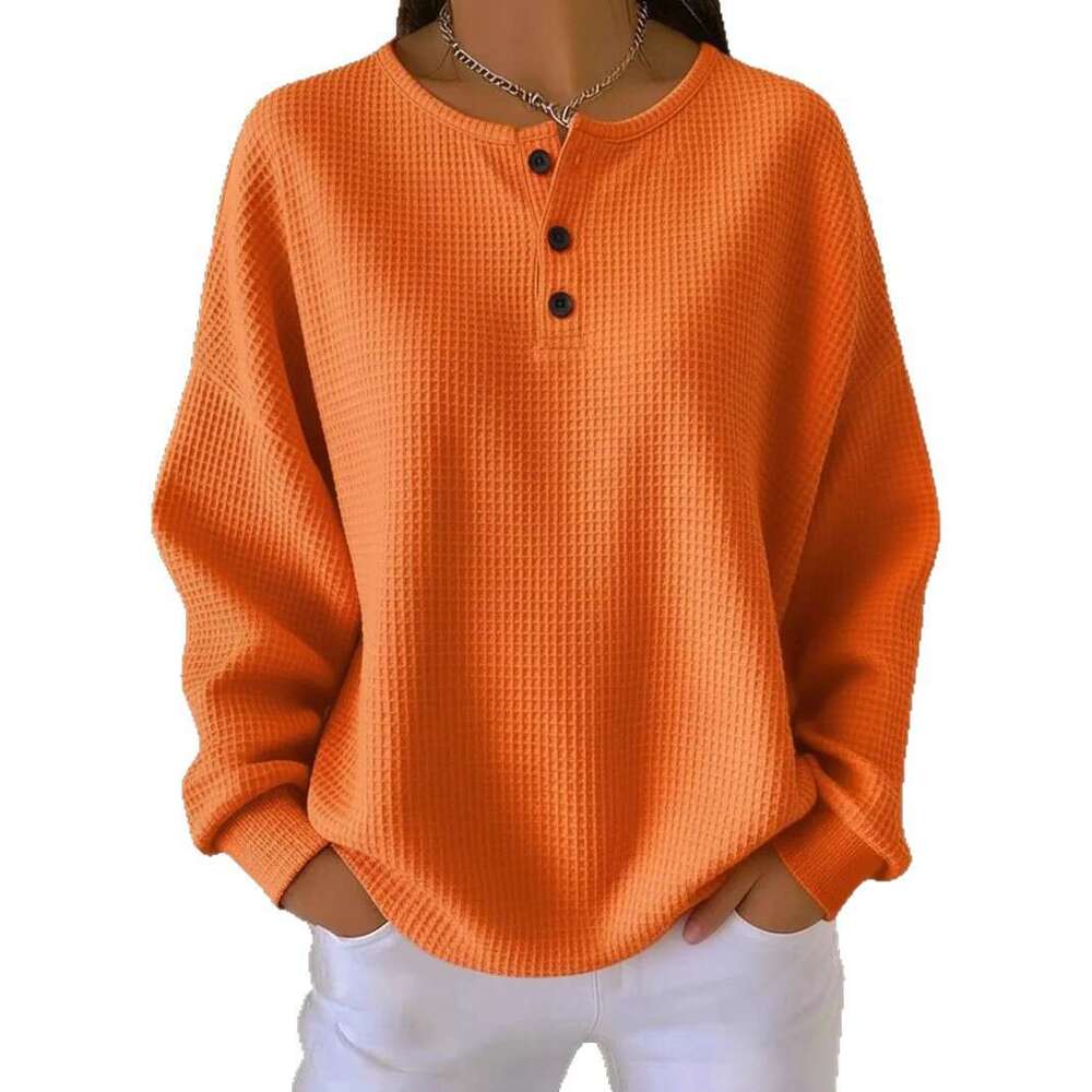 In Stock Cross-Border Amazon Foreign Trade Fashion Round Neck Waffle 2025 Autumn Winter New Solid Color Pullover Loose Top