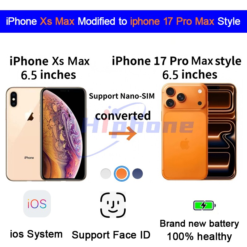 iPhone Original Unlocked iphone Xs max Convert to iphone 17 Pro Cellphone with 17 Pro max Camera appearance 3GB RAM 64GB 128GB ROM Mobilephone,A+Excel