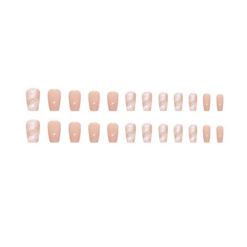 24 pink glitter fake nails with jelly stickers pressed onto the fake nails wearable round head oval full cover nail tips W250410