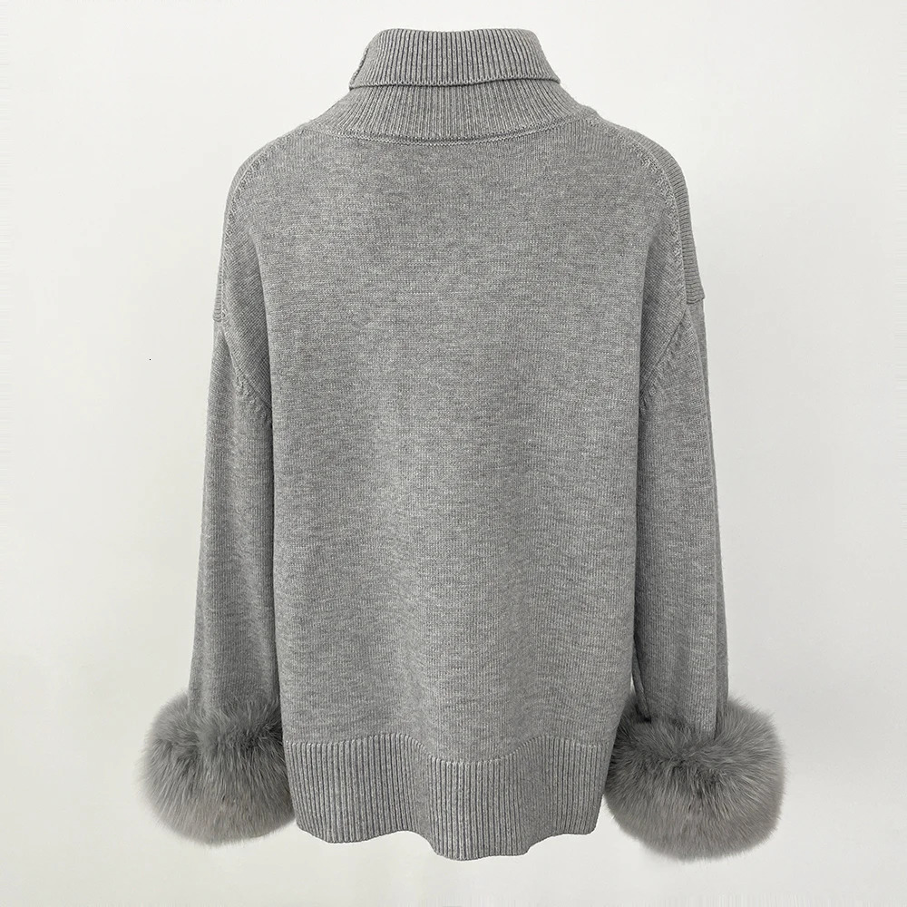 Autumn Winter Standup Collar Sweater Cuff Spliced Natural Fox Fur Sleeves Women Loose Knitted Genuine Real 251110