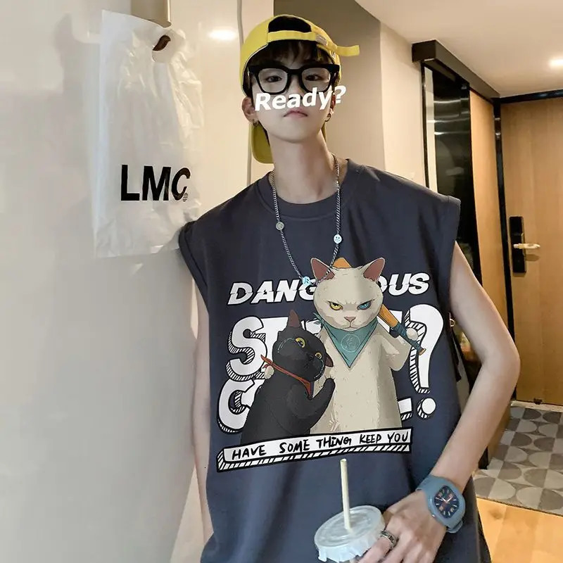 Summer fashion casual printed sleeveless vest mens fitness sleeveless T-shirt beach vest loose cotton T-shirt 250408
