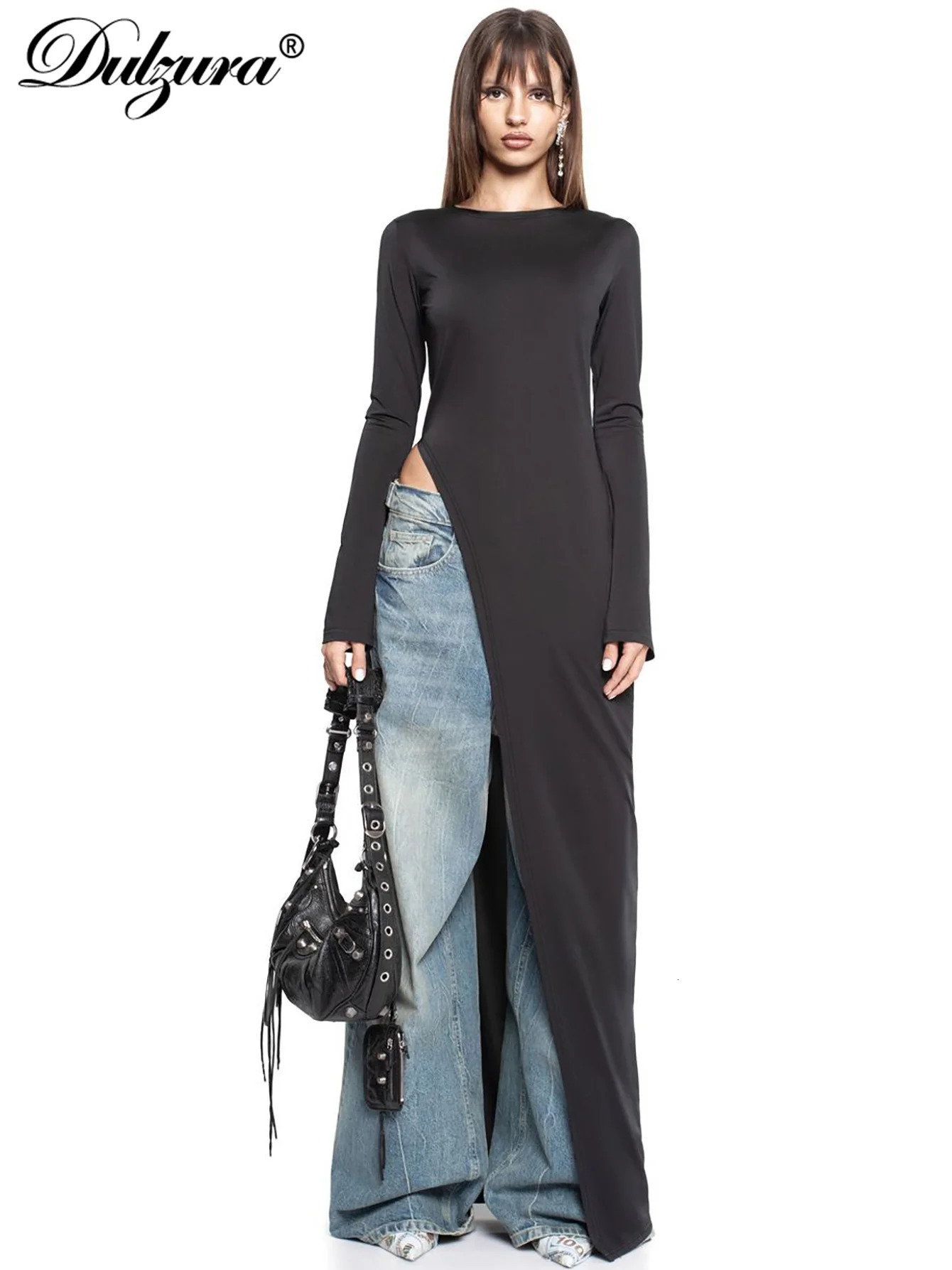 Dulzura Long Sleeves Side High Slit Maxi Dress Solid Sexy WomenS Party Club Streetwear Autumn Winter Outfit 251110