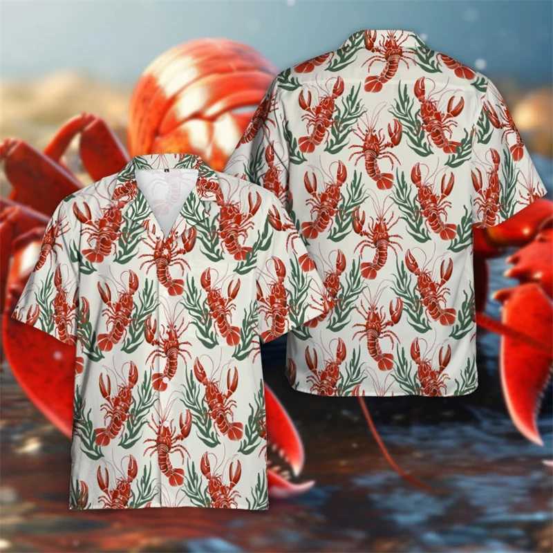 Lobster King 3D printed mens shirt Harajuku fashion mens beach shirt seafood short sleeved crayfish lapel shirt top X250410