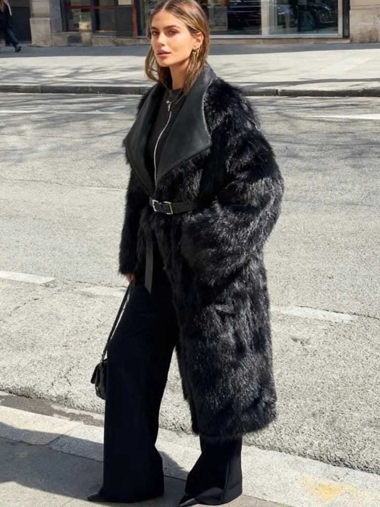 Casual Faux Fur Reversible Long Coat Women Vintage Large Collar Plush Loose Coats Female Winter Classic Chic Street Outwear 251110