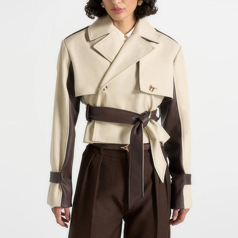 Womens Patchwork Short Leather Jacket Fashion Lapel Long Sleeve Turndown collar With Belt Coats Lady Commuter Outwear 251103