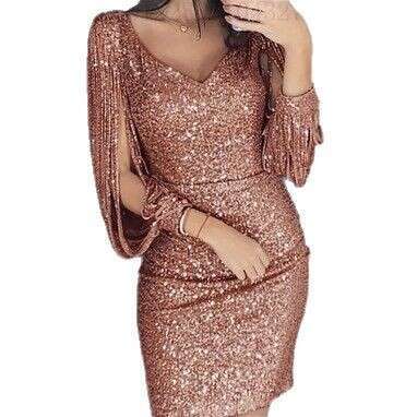 New V-neck Sequin Tassel Long Sleeve Slim SEXY DRESSES FOR WOMEN Bodycon Night club maxi dress