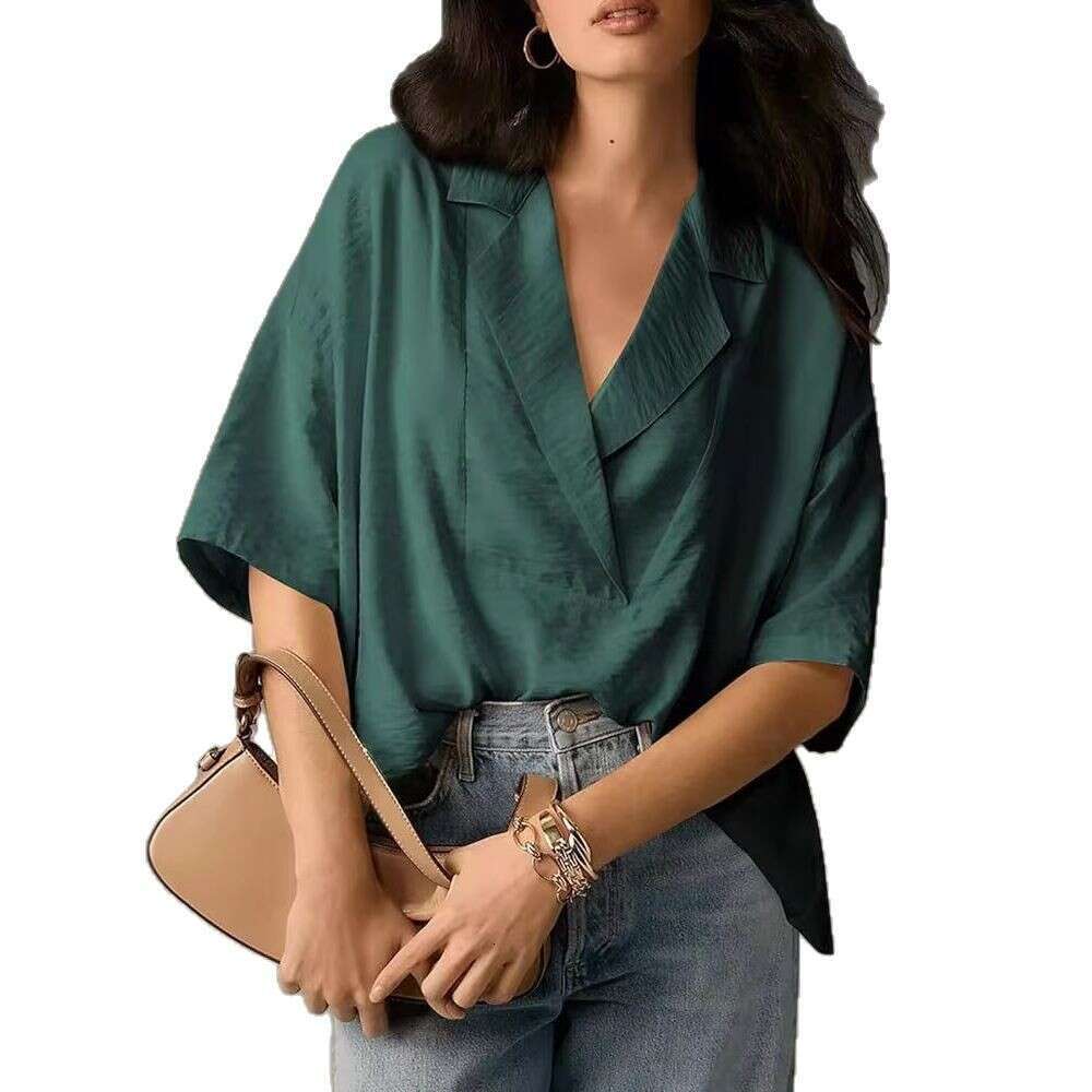 2025 Amazon European and American Foreign Trade Women's Summer New Short Sleeve Turn-Down Collar Casual Loose Top Solid Color Shirt