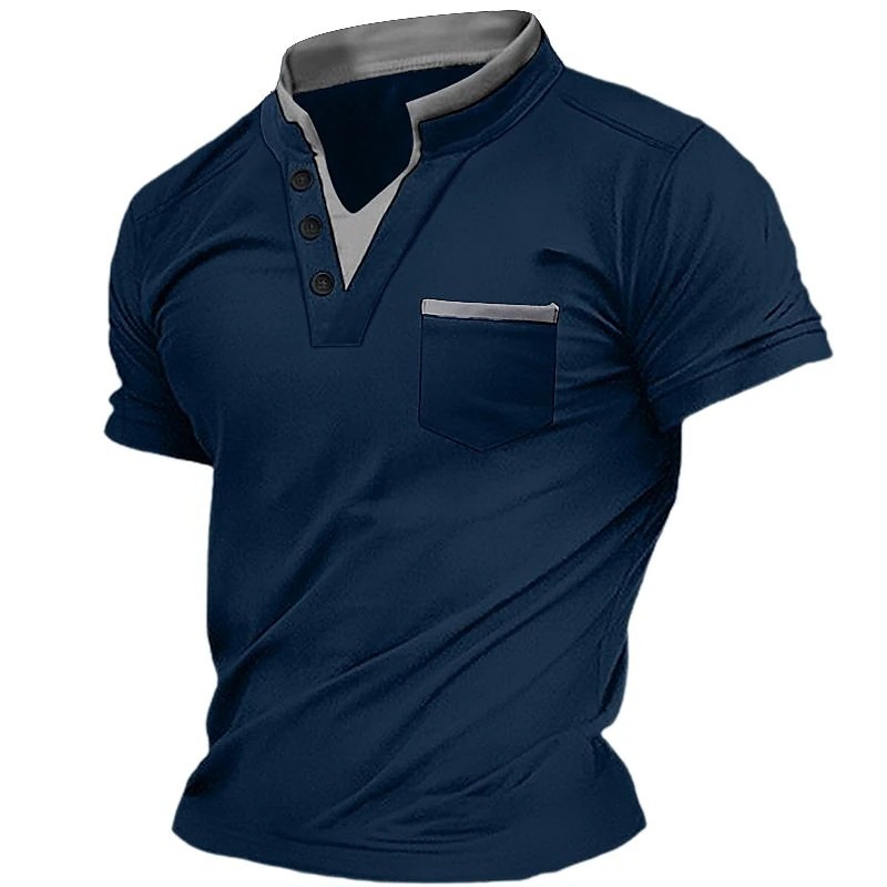 Mens short sleeved Henry shirt T-shirt top with pockets button up collar fashionable color matching collar
