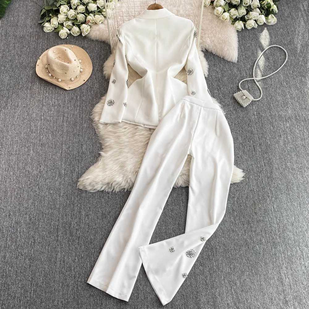 TWOTWINSTYLE Two Piece Set For Women Notched Collar Long Sleeve Spliced Button Coat High Waist Pant Fashion Set Female W251110