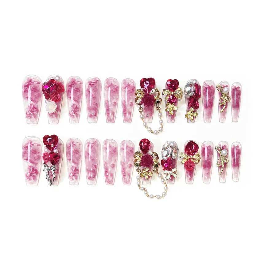 24pcs Heavy duty Metal Red Crystal Design Fake Nail 3D Gold Bow Pearl Decoration Bridal Fake Nail Tip Full Cover Diamond Press Nail W250410