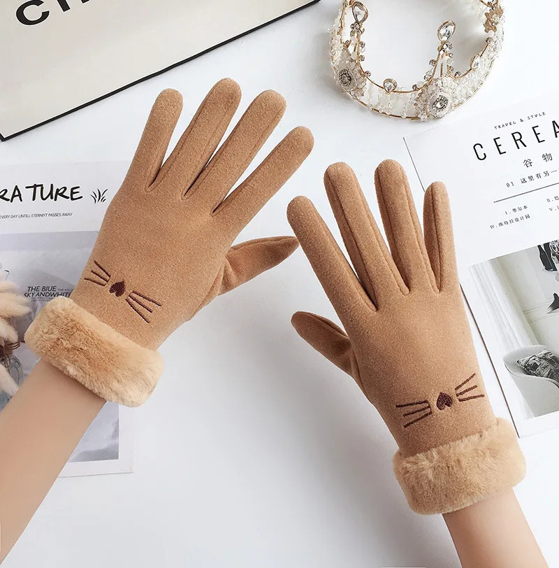 Winter Female Cashmere Warm Suede Leather Cycling Mittens Double Thick Velvet Plush Wrist Women Touch Screen Driving Gloves 251106