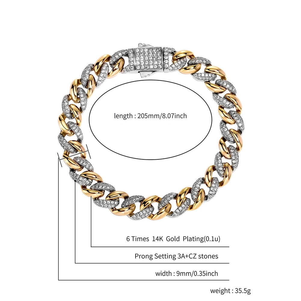 TOPGRILLZ 9/14MM Cuban Chain Bracelet With Gold Silver Color Spring Clasp Bling Iced Out CZ Jewelry Gift For Men Women 250408
