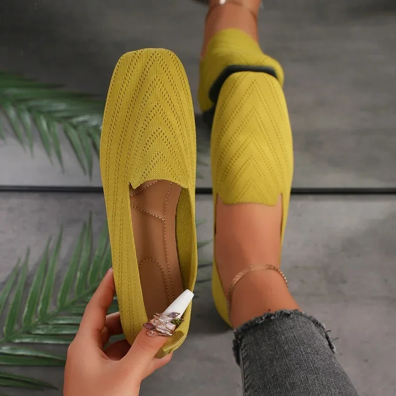 2024 Solid Color Square Toe Mesh Loafers Shallow Women Flats Shoes Soft Bottom Knit Ballet Flats Shoes Casual Slip on Shoes 250402