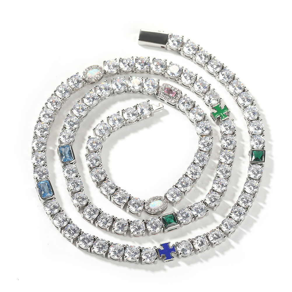 Hip Hop Full Colorful Cz Stones Opal Tennis Chain Necklace 14k Real Gold Plated Copper Bling Cubic Zircon Unisex Chains Party Rap Jewelry Accessories 