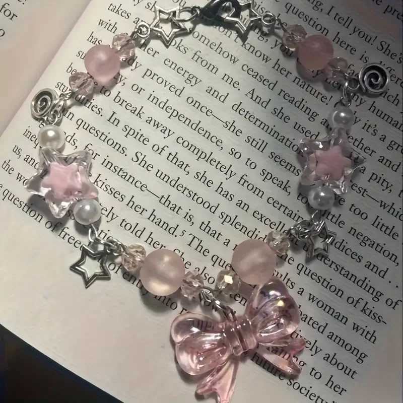 Charming Pink Star Bow Beaded Bracelet Cute Zinc Alloy Friendship Jewelry for GirlsT251110