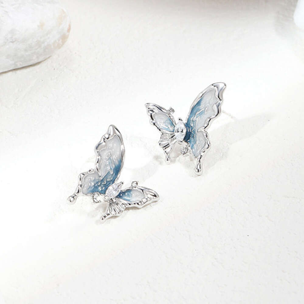 New Blue and White Oil Drop Butterfly 925 Silver Needle High-end Zircon Stud Wholesale Fashion Commuting Earrings for Women