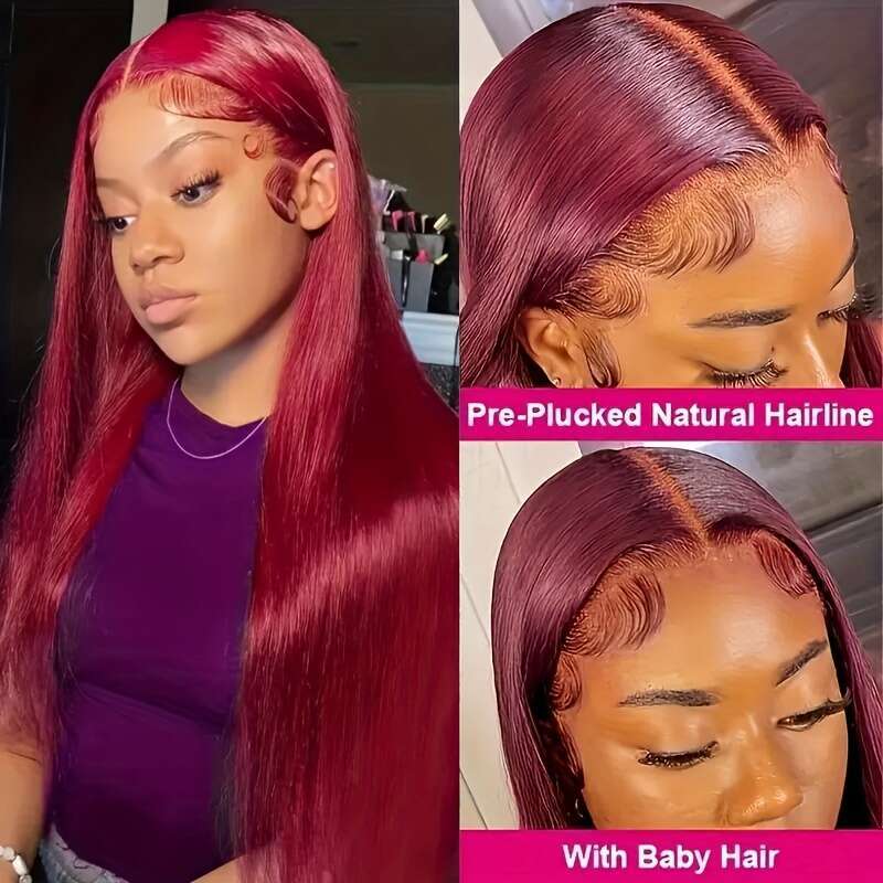 Bury 13X4 Wine Red Pre Plucked Baby Bone Front Brazilian Virgin Human Hair Colored #99J Straight Lace Frontal Wigs With Natural Hairline For