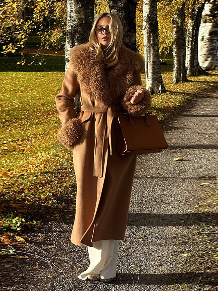 Fashion Fur Collar Woolen Overcoat Women Long Sleeve Double-breasted Lace Up Pocket Coat 2025 Autumn Winter Lady Street Outwear 251105