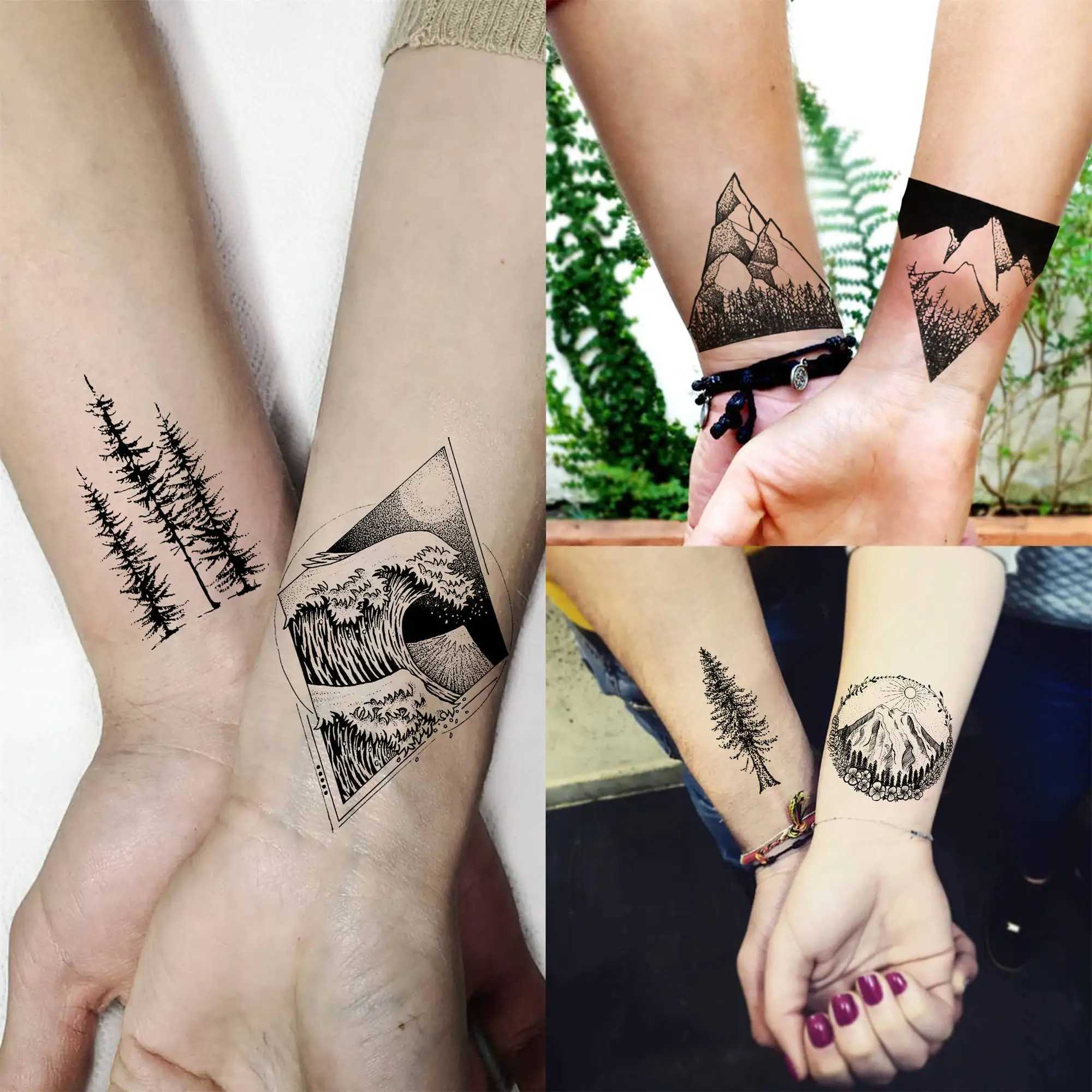 18 temporary tattoos on Mount Geometry suitable for men women adults fake wave tattoo stickers black 3D pine tree tattoos triangles W250410