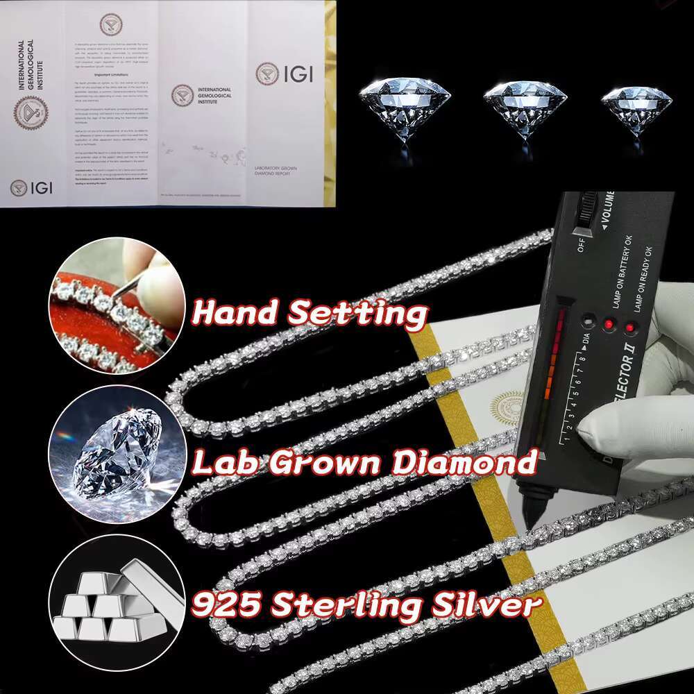 Fine Jewelry 2mm 3mm Diamond Chain 925 Silver CVD Real VVS Lab Grown Diamond IGI Tennis Chain