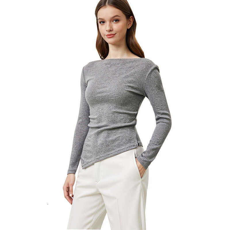 Ruixiu Cross-Border Foreign Trade European and American Style Elegant Knitted Sweater 2025 Autumn New Gray Asymmetrical Long Sleeve Top Women's C