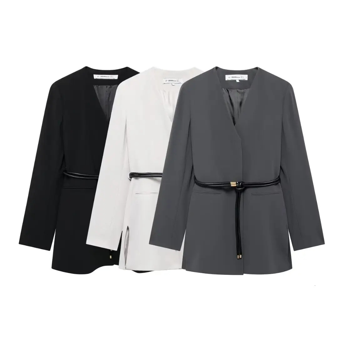 Black gray white long coat autumn office womens jacket sleeved clothing 250407