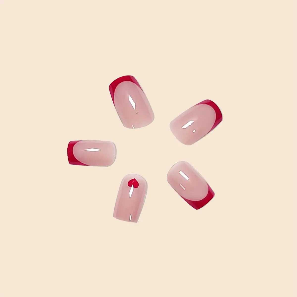 Womens Medium Square French Red Bordered Heart Printed Gloss Full Coverage Wearable Fake Nail Pressing Machine 24 pieces/set W250410