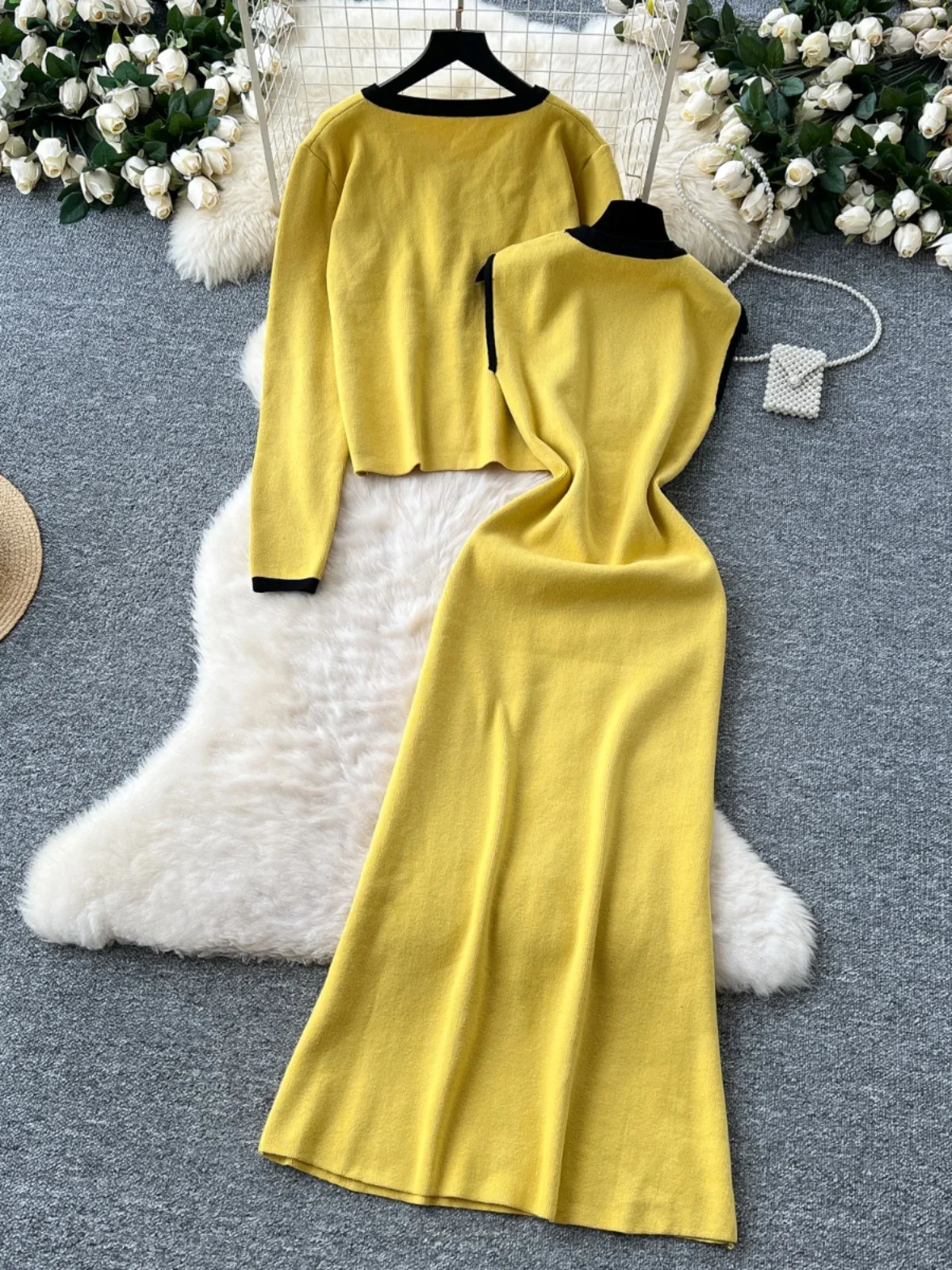 Small Fragrance Woman Sets Hit Color Oneck Long Sleeve Cardigan Sleeveless Tank Dress Spring Autumn Knitted Suit 251110