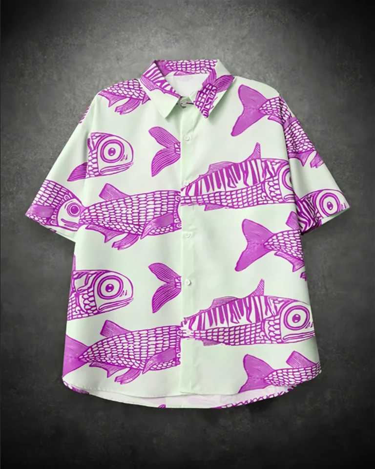 2025 New Street Explosion Fashion Fish 3D Printing New Personalized Mens Summer Casual Shirt Linen X250410