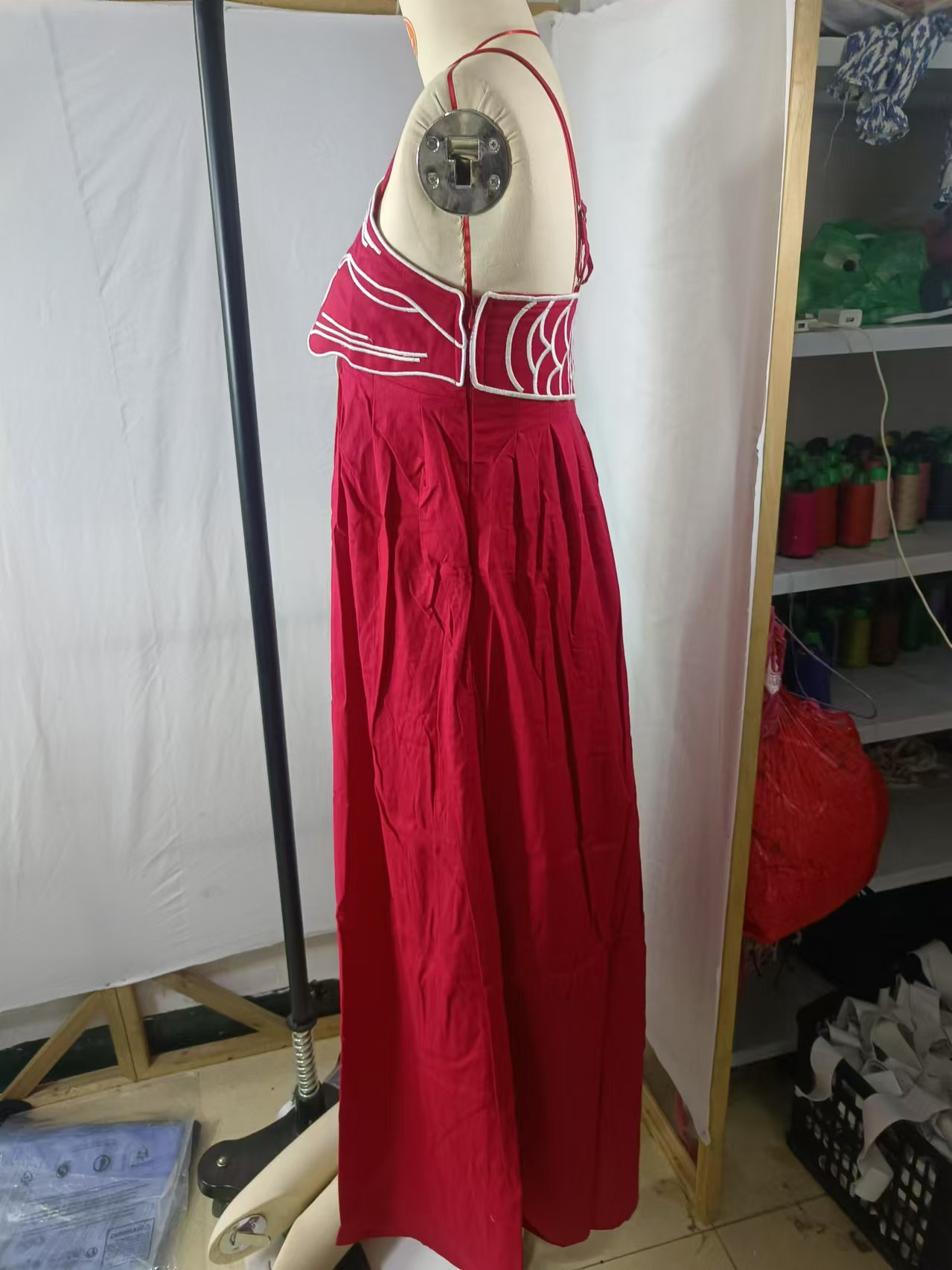 G461Elegant Red Suspender Dress with Pleats and Detailed Embroidery - Spring/Summer Collection