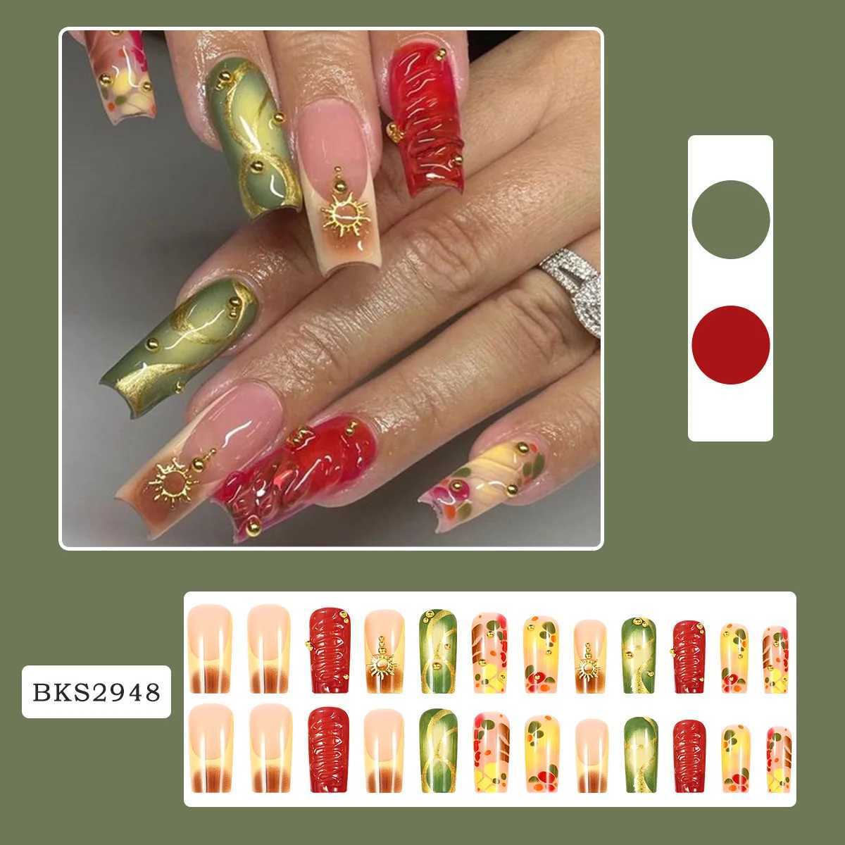 24 pieces of Baroque gold sun decoration fake nail patches 3D European ballet coffin press machine women can wear French fake nails W250410